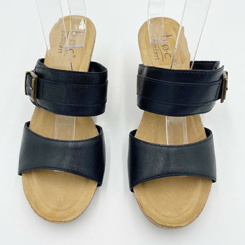 b.o.c. Comfort Black Double Strap Cork Wedges Buckle Slip-on Size 8M